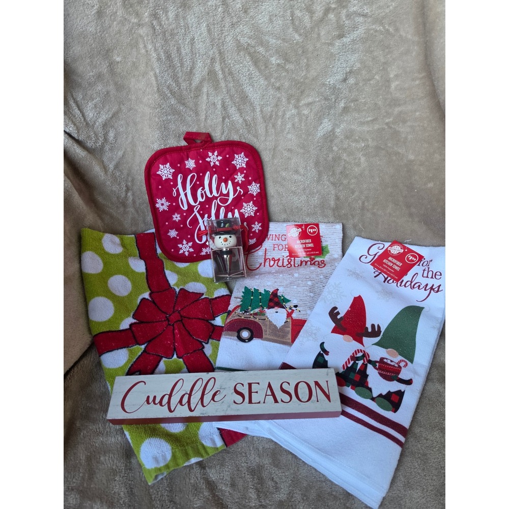 Christmas Kitchen Decor Set 6pc Gnomes Red Truck Towels Pot Holder Snowman Sign